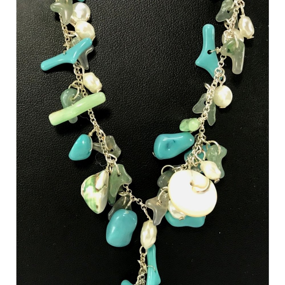 Silver Tone Cluster Fringe Y-Drop Necklace Faux Blue Coral n Pearls Real Shells - Picture 4 of 6